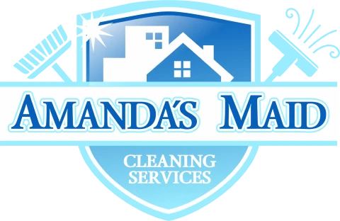 Logo for Amanda's Maid Cleaning Services featuring a blue shield with house icon, broom, and spray bottle.
